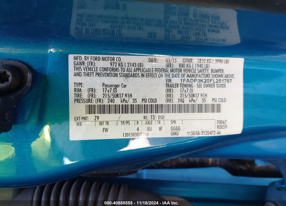 2015 FORD FOCUS VIN: 1FADP3K20FL251787