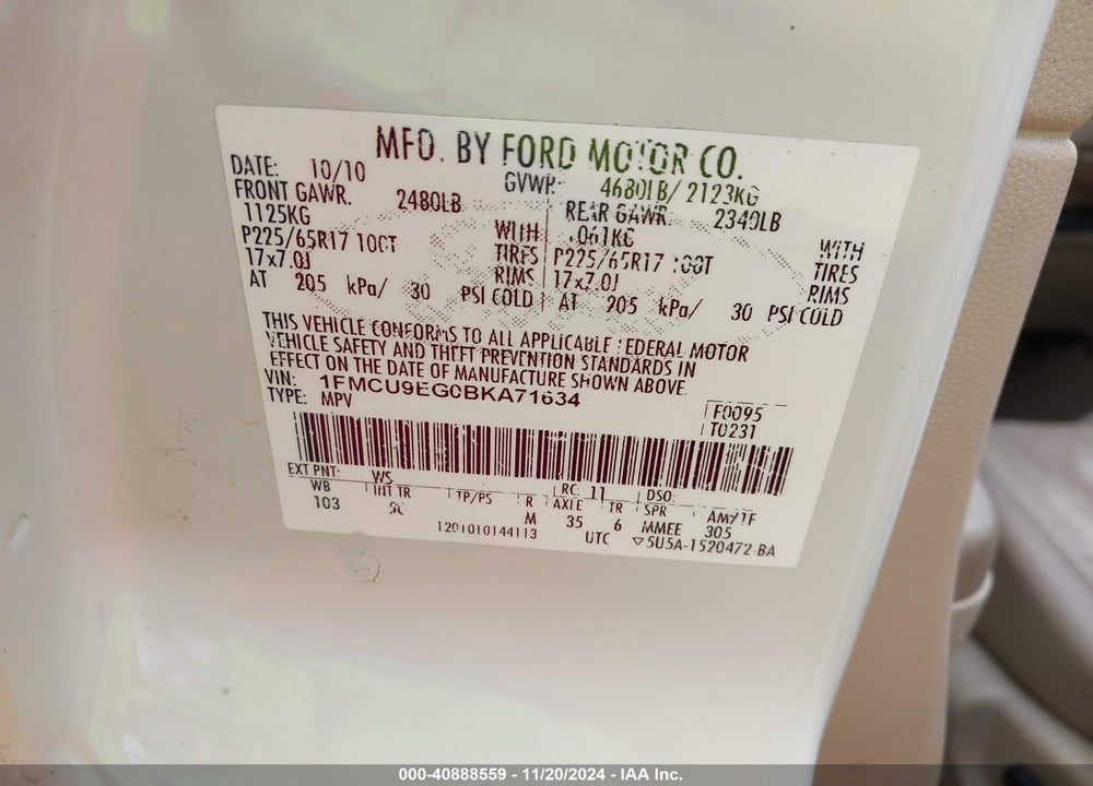 2011 FORD ESCAPE LIMITED VIN: 1FMCU9EG0BKA71634