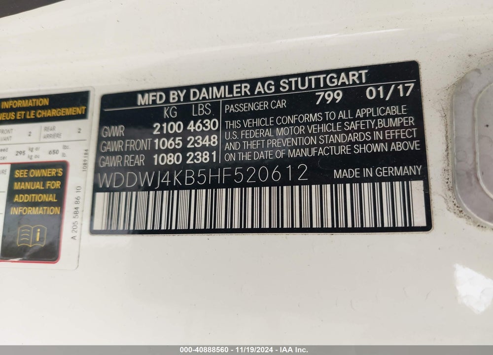 2017 MERCEDES-BENZ C 300 4MATIC VIN: WDDWJ4KB5HF520612