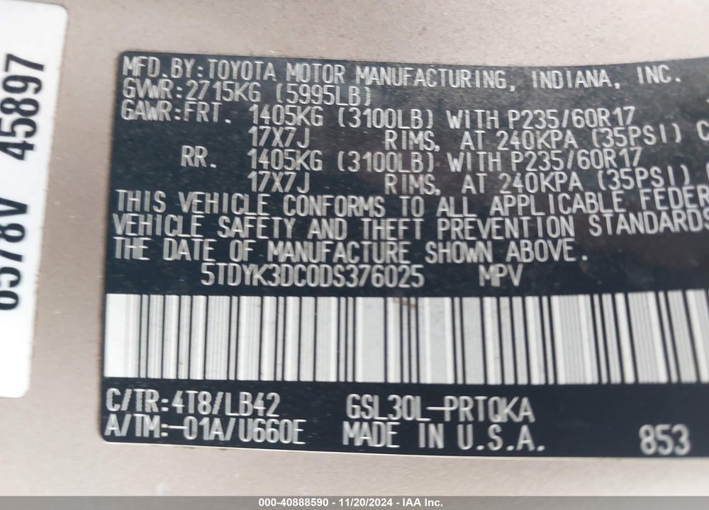 2013 TOYOTA SIENNA XLE V6 8 PASSENGER VIN: 5TDYK3DC0DS376025