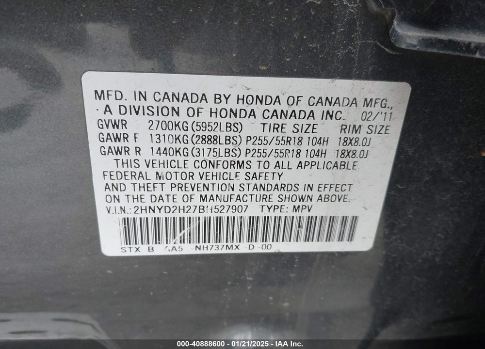 2011 ACURA MDX VIN: 2HNYD2H27BH527907