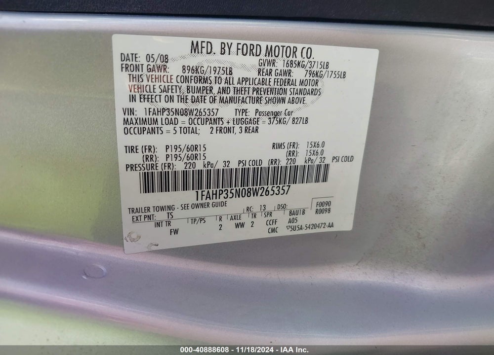 2008 FORD FOCUS SE/SES VIN: 1FAHP35N08W265357