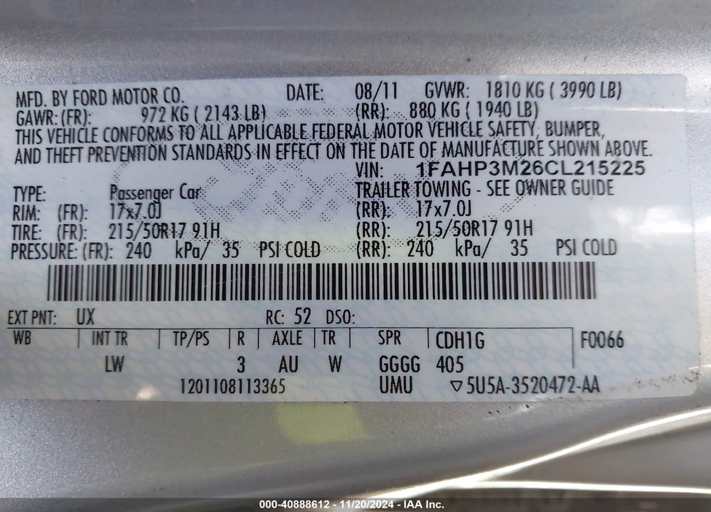 2012 FORD FOCUS SEL VIN: 1FAHP3M26CL215225