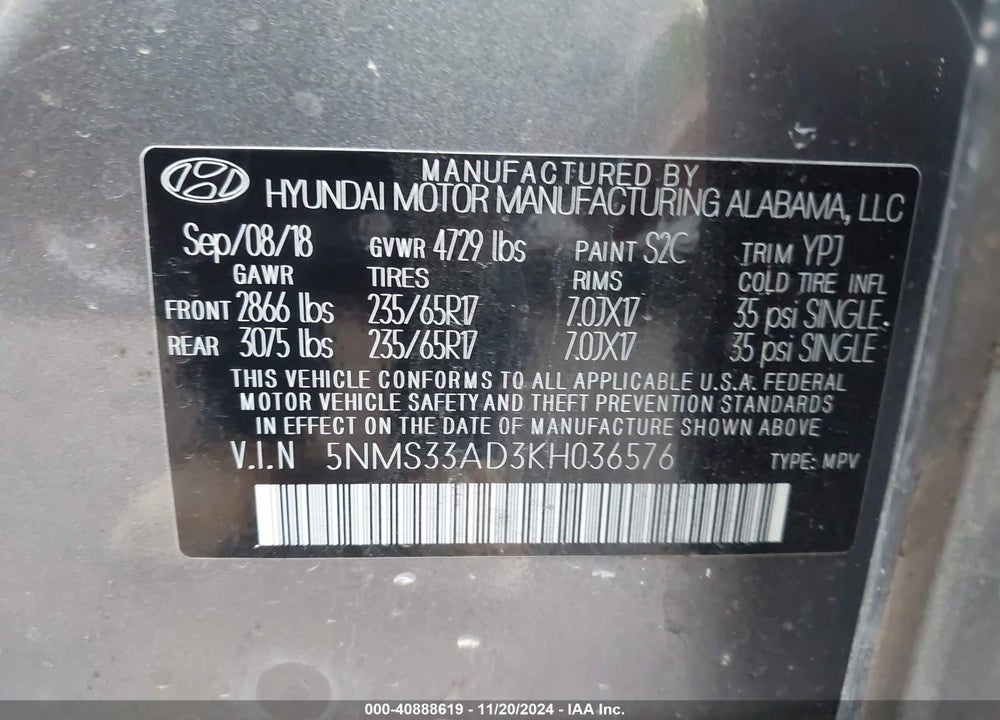 2019 HYUNDAI SANTA FE SEL VIN: 5NMS33AD3KH036576