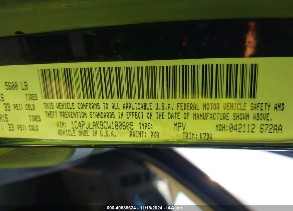 2012 JEEP LIBERTY SPORT VIN: 1C4PJLAK9CW180609