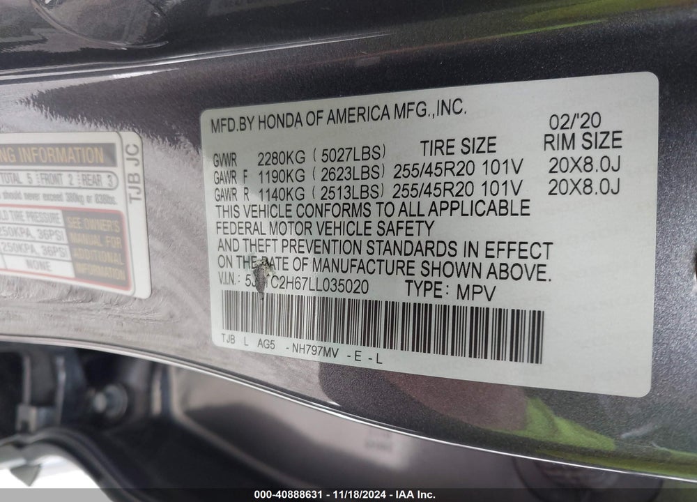 2020 ACURA RDX VIN: 5J8TC2H67LL035020