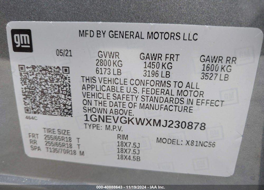 2021 CHEVROLET TRAVERSE AWD LT CLOTH VIN: 1GNEVGKWXMJ230878