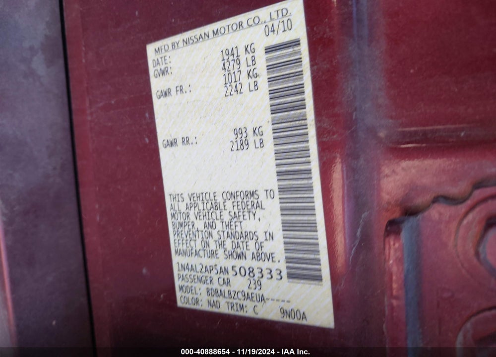 2010 NISSAN ALTIMA 2.5 S VIN: 1N4AL2AP5AN508333