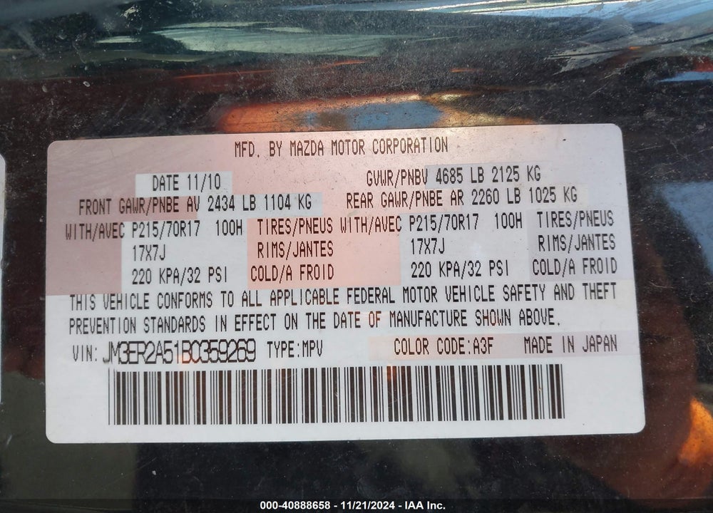 2011 MAZDA CX-7 I SV VIN: JM3ER2A51B0359269