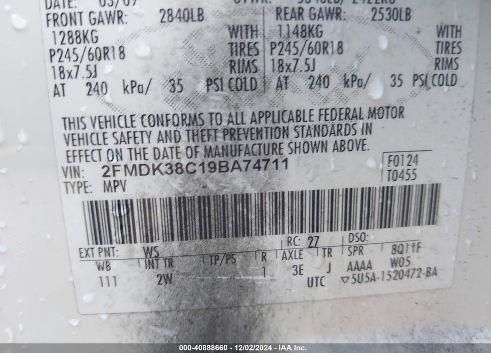 2009 FORD EDGE SEL VIN: 2FMDK38C19BA74711