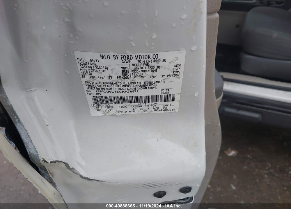 2012 FORD ESCAPE XLS VIN: 1FMCU0C76CKA78572