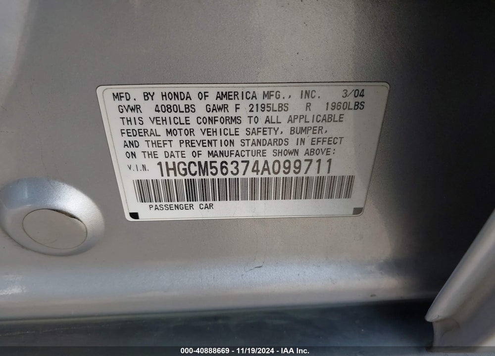 2004 HONDA ACCORD 2.4 LX VIN: 1HGCM56374A099711