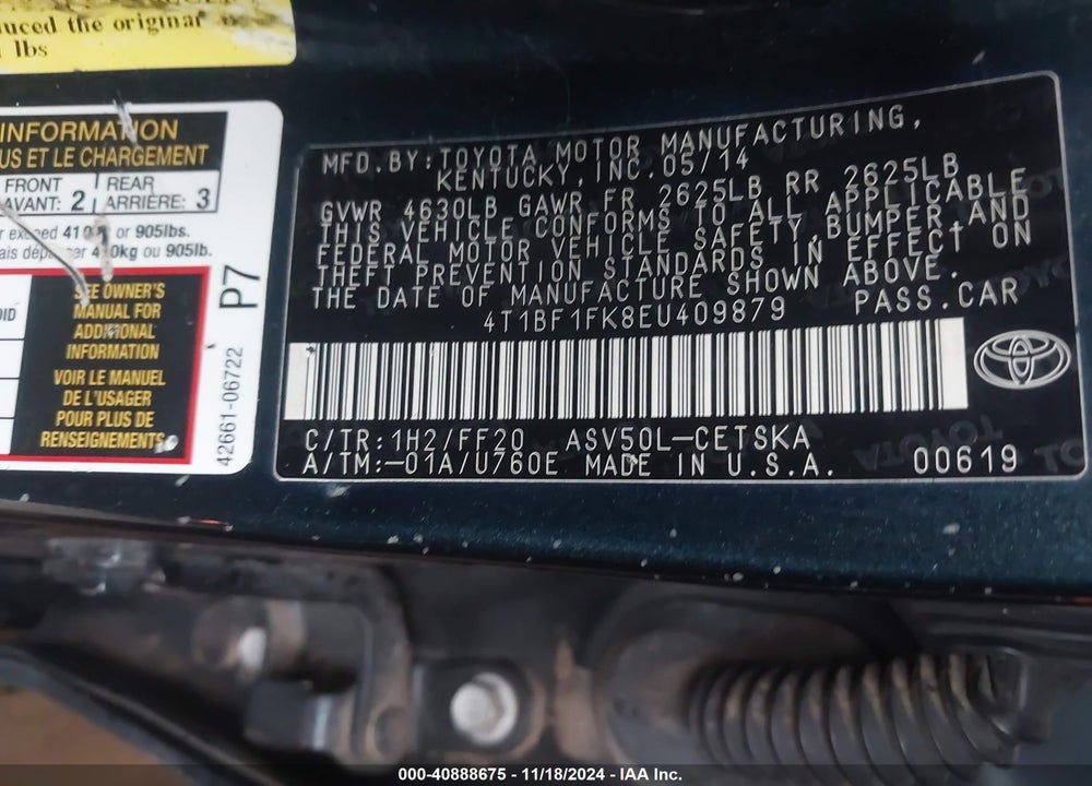 2014 TOYOTA CAMRY VIN: 4T1BF1FK8EU409879