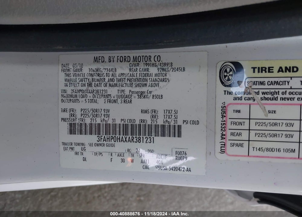 2010 FORD FUSION SE VIN: 3FAHP0HAXAR381231