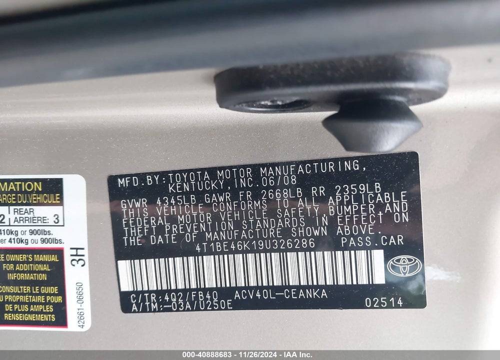 2009 TOYOTA CAMRY VIN: 4T1BE46K19U326286