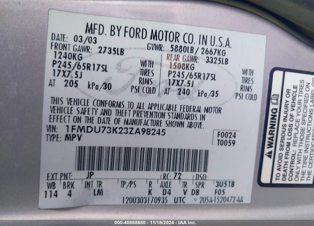 2003 FORD EXPLORER NBX/XLT VIN: 1FMDU73K23ZA98245