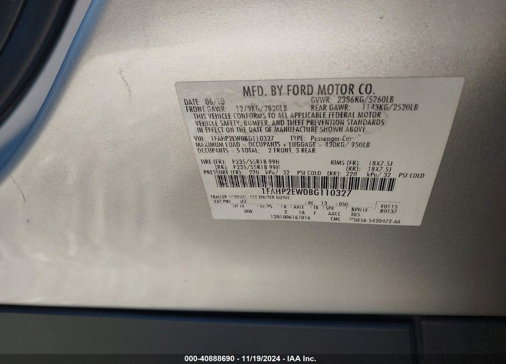 2011 FORD TAURUS SEL VIN: 1FAHP2EW0BG110327