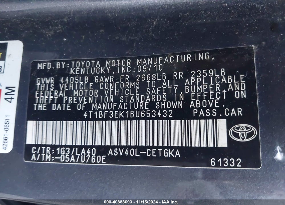 2011 TOYOTA CAMRY XLE VIN: 4T1BF3EK1BU653432