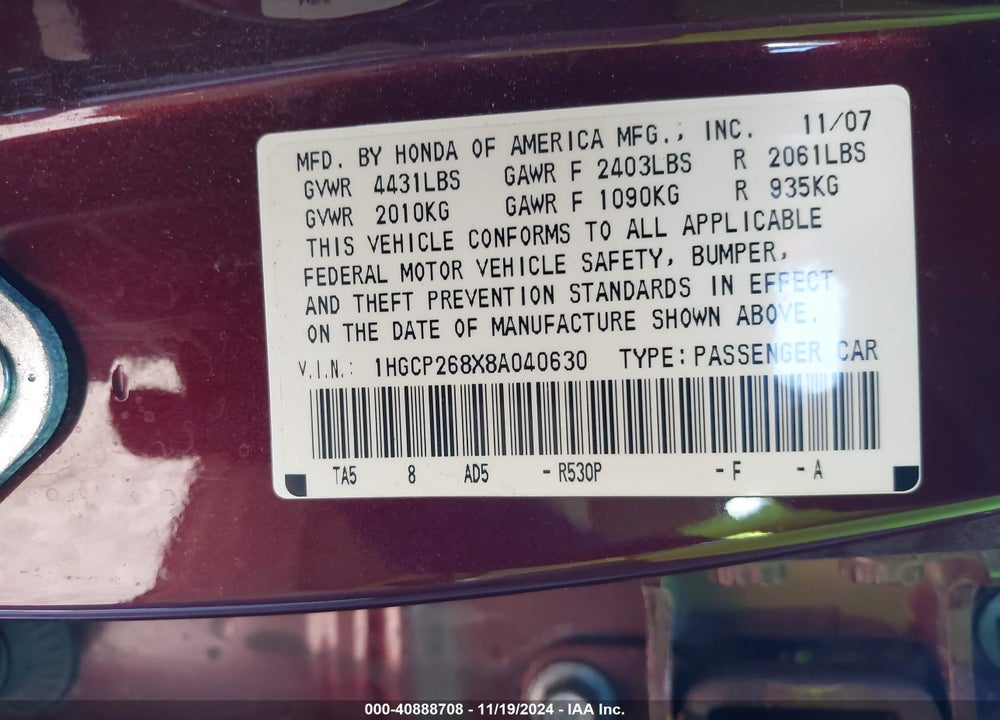 2008 HONDA ACCORD 2.4 EX-L VIN: 1HGCP268X8A040630