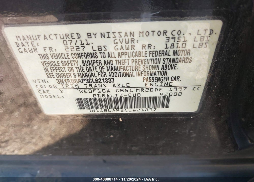 2012 NISSAN SENTRA VIN: 3N1AB6AP3CL621837