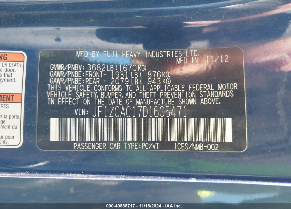 2013 SUBARU BRZ LIMITED VIN: JF1ZCAC17D1605471