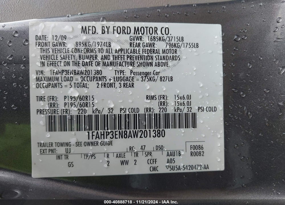 2010 FORD FOCUS S VIN: 1FAHP3EN8AW201380