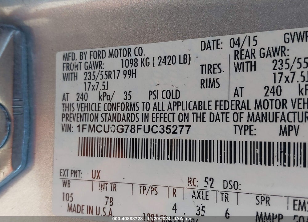 2015 FORD ESCAPE SE VIN: 1FMCU0G78FUC35277