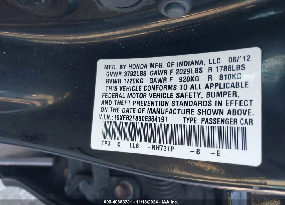 2012 HONDA CIVIC EX VIN: 19XFB2F88CE364191
