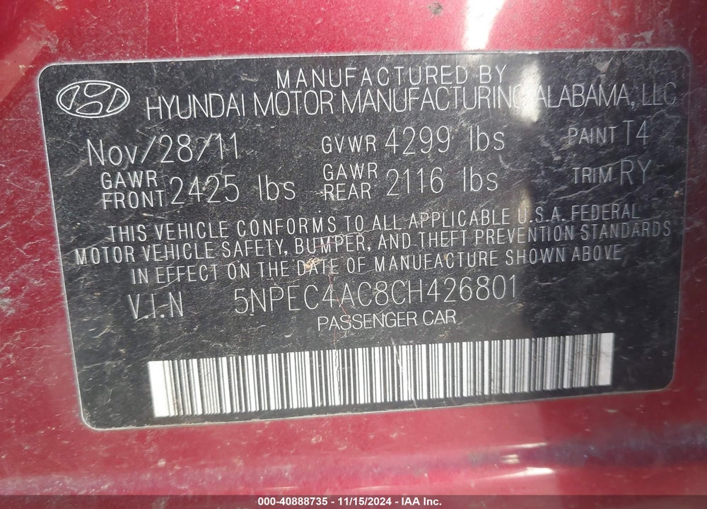 2012 HYUNDAI SONATA SE VIN: 5NPEC4AC8CH426801