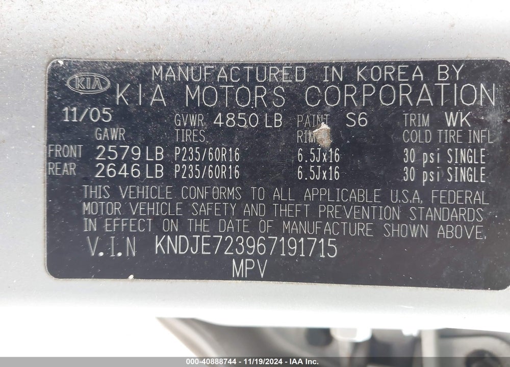 2006 KIA SPORTAGE EX V6/LX V6 VIN: KNDJE723967191715