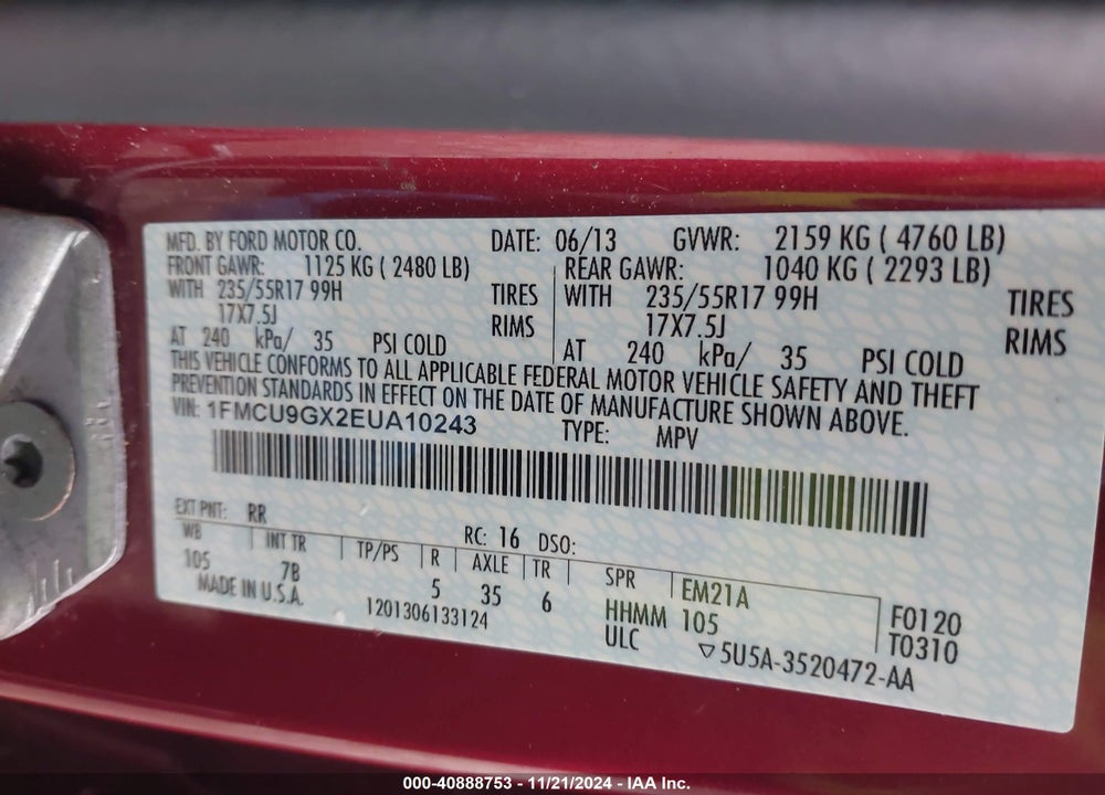 2014 FORD ESCAPE SE VIN: 1FMCU9GX2EUA10243
