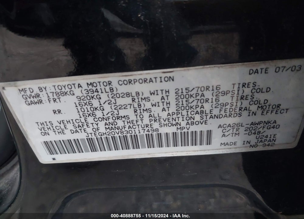 2003 TOYOTA RAV4 VIN: JTEGH20V830117498
