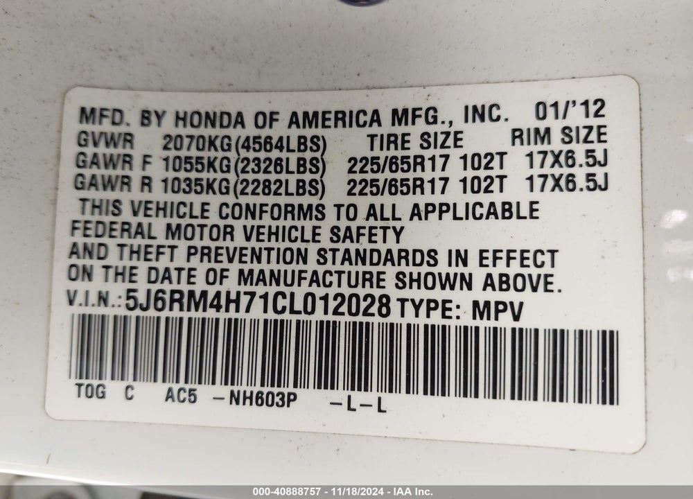 2012 HONDA CR-V EX-L VIN: 5J6RM4H71CL012028