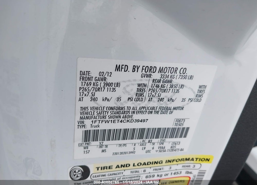 2012 FORD F-150 XLT VIN: 1FTFW1ET4CKD39497
