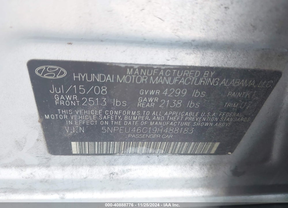 2009 HYUNDAI SONATA SE VIN: 5NPEU46C19H488183