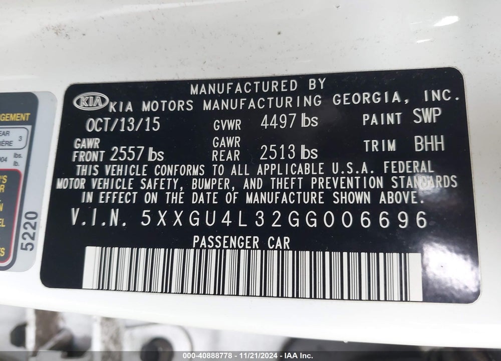 2016 KIA OPTIMA EX VIN: 5XXGU4L32GG006696