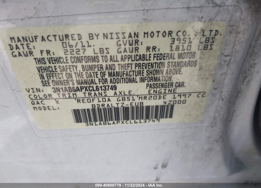 2012 NISSAN SENTRA 2.0 SR VIN: 3N1AB6APXCL613749