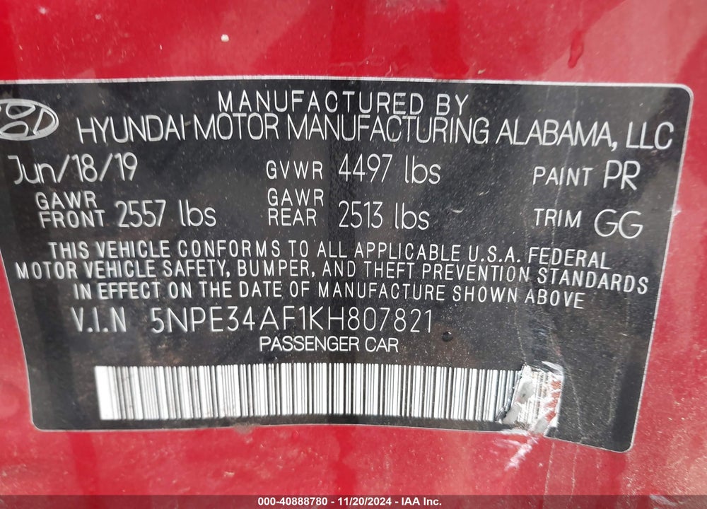 2019 HYUNDAI SONATA SEL VIN: 5NPE34AF1KH807821