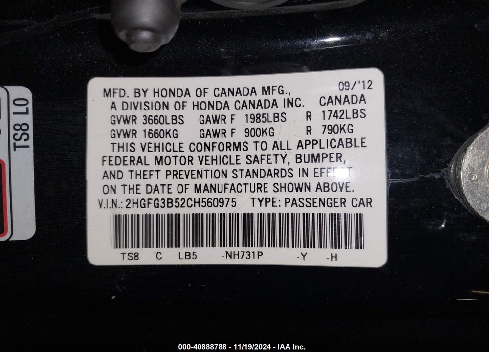 2012 HONDA CIVIC LX VIN: 2HGFG3B52CH560975