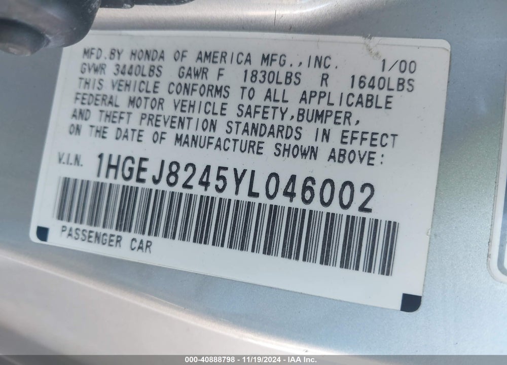 2000 HONDA CIVIC EX VIN: 1HGEJ8245YL046002