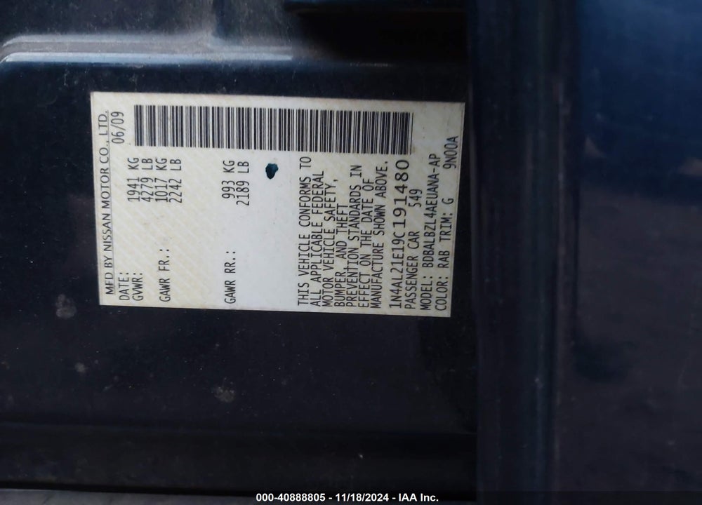 2009 NISSAN ALTIMA 2.5 S VIN: 1N4AL21E19C191480