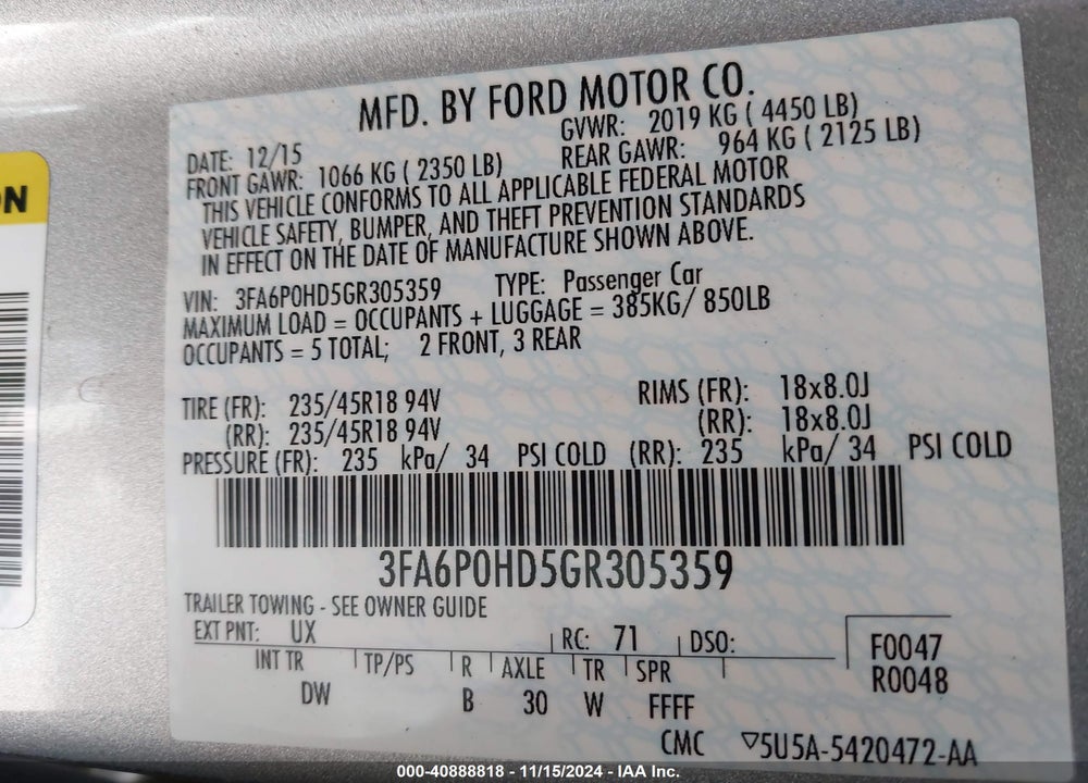 2016 FORD FUSION SE VIN: 3FA6P0HD5GR305359