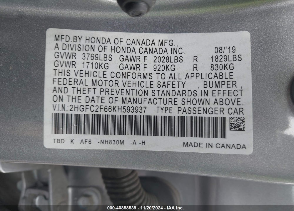 2019 HONDA CIVIC LX VIN: 2HGFC2F66KH593937