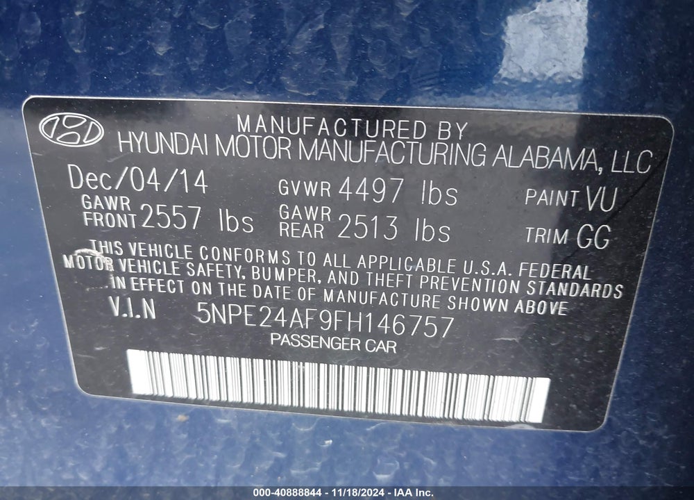 2015 HYUNDAI SONATA SE VIN: 5NPE24AF9FH146757