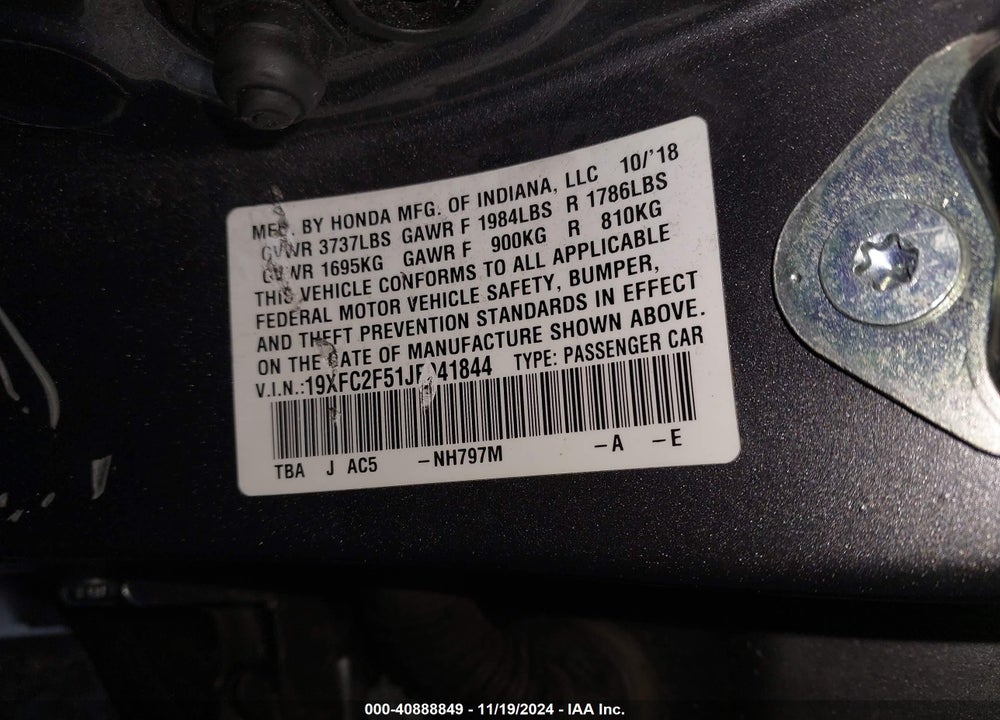 2018 HONDA CIVIC LX VIN: 19XFC2F51JE041844