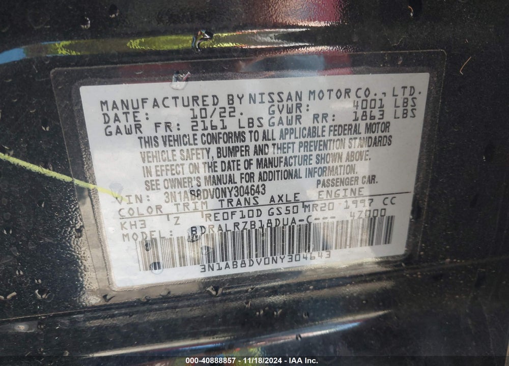 2022 NISSAN SENTRA SR XTRONIC CVT VIN: 3N1AB8DV0NY304643