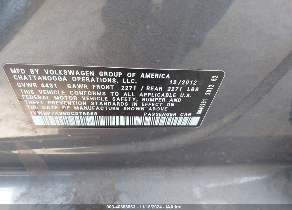 2013 VOLKSWAGEN PASSAT 2.5L SE VIN: 1VWBP7A35DC078068