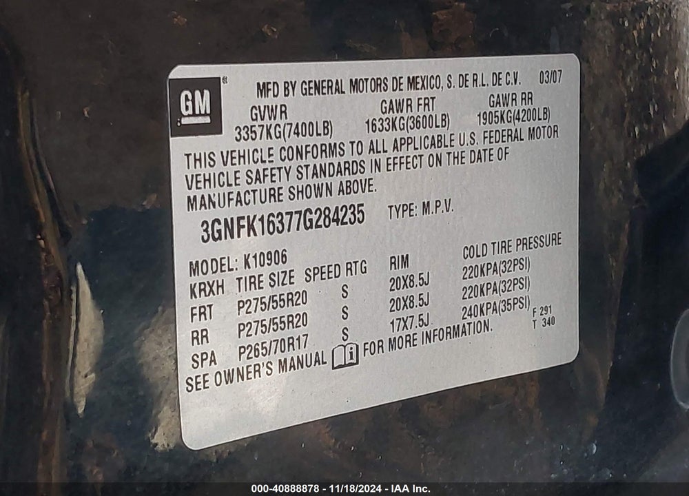 2007 CHEVROLET SUBURBAN 1500 LTZ VIN: 3GNFK16377G284235