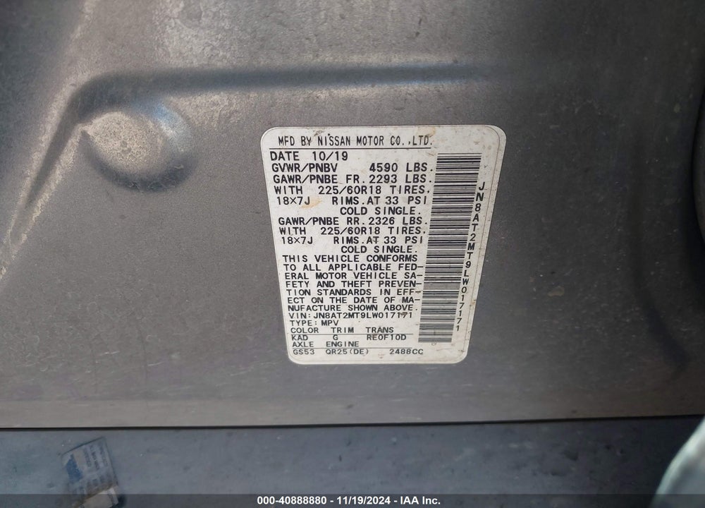 2020 NISSAN ROGUE SV FWD VIN: JN8AT2MT9LW017171