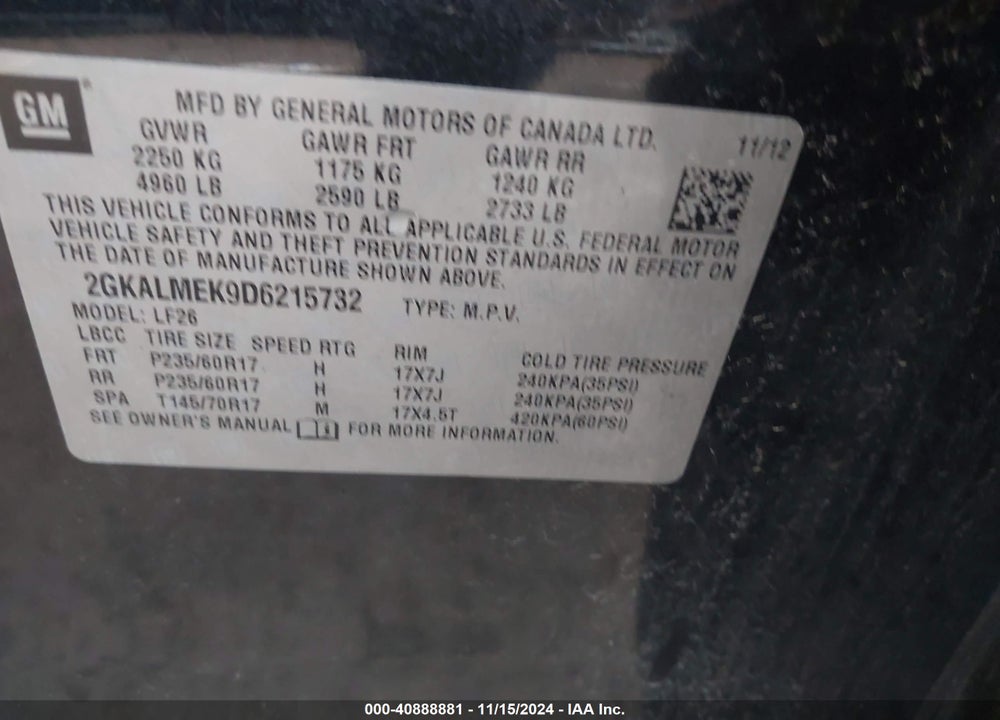 2013 GMC TERRAIN SLE-1 VIN: 2GKALMEK9D6215732
